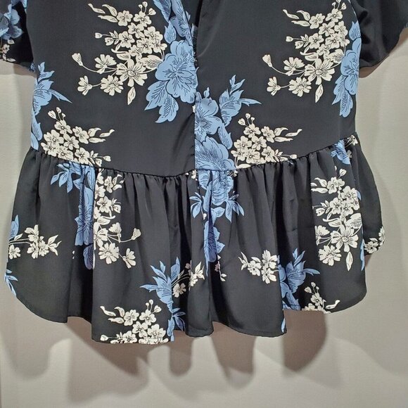 Asos Women's Black Blue Floral Short-Sleeved Peplum Top Blouse Ruffles Sz 4 - Picture 11 of 12